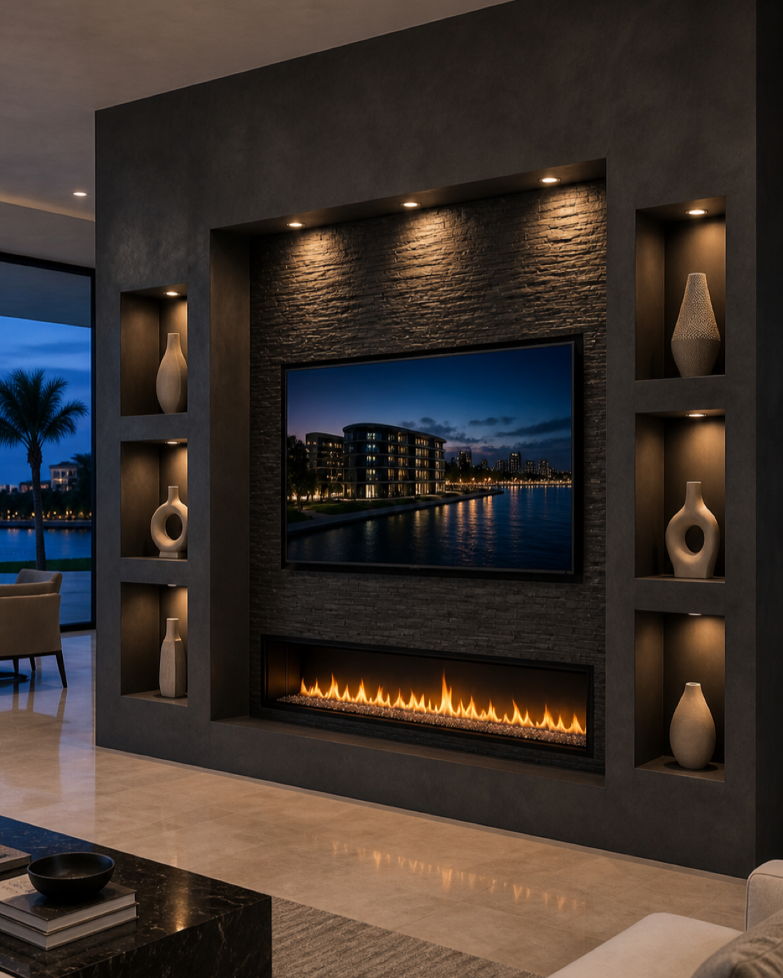Modern living room with a built-in flat-screen TV showing a waterfront cityscape at dusk, an electric fireplace below, and decorative vases in wall niches. Large window with outdoor seating and palm trees visible.