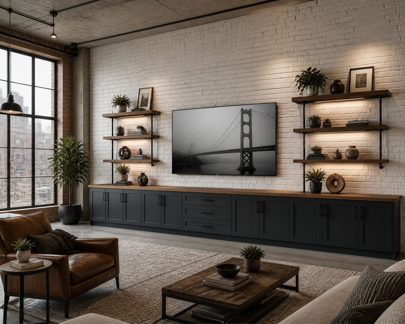 Modern living room with a large window, brown leather sofa, black and wood media console, mounted flat-screen TV, and decorative items on open shelves against a white brick wall.