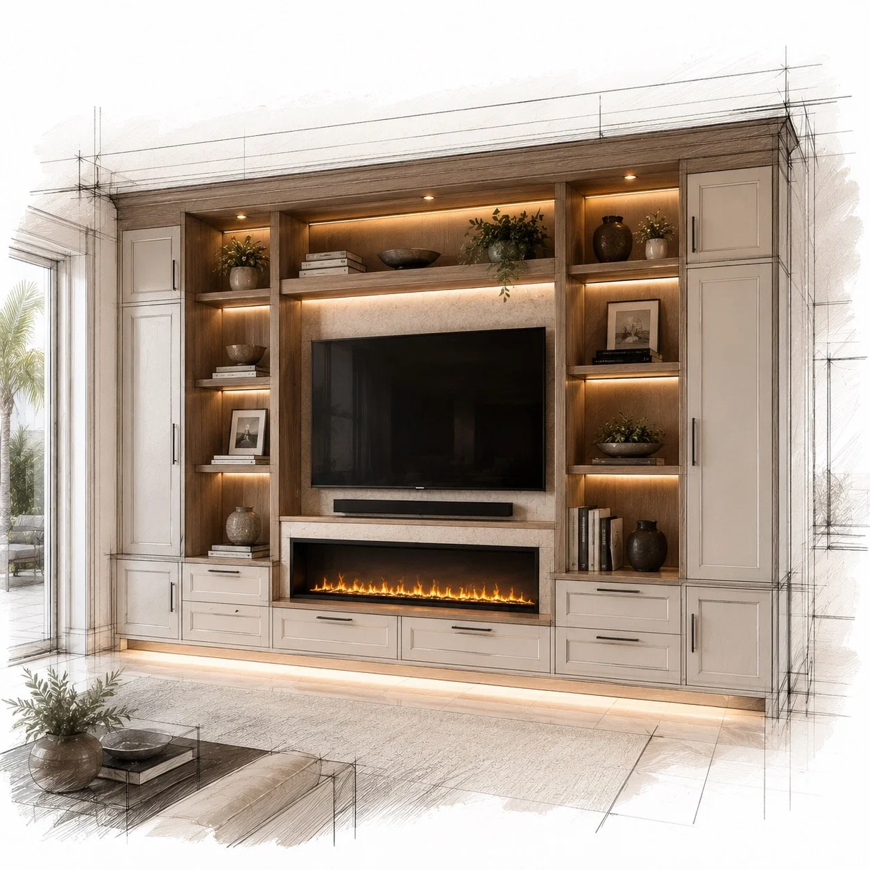 custom built-in entertainment center with fireplace, shelving, and floor-to-ceiling cabinetry