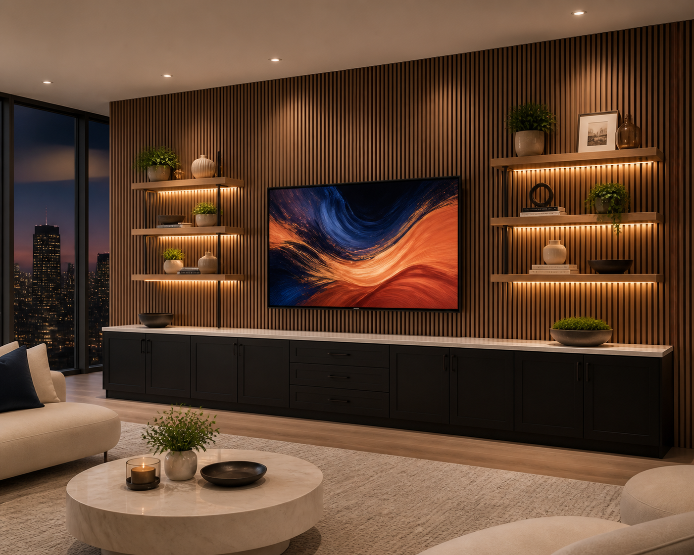 Modern apartment living room with wooden accent wall, mounted flat-screen TV, floating shelves with decor and plants, beige sofas, and a city view through floor-to-ceiling windows.