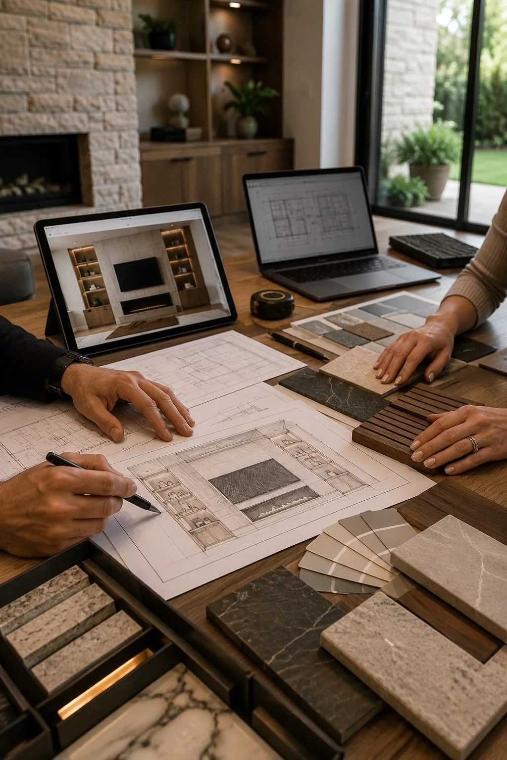 Media wall design consultation featuring architectural sketches, material samples, cabinet finishes, stone selections, and digital renderings reviewed during an on-site project planning meeting.
