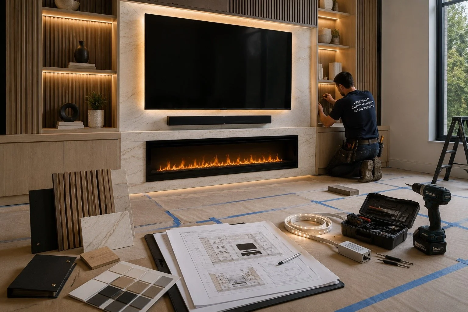 Custom media wall installation with protected flooring, architectural drawings, material samples, LED components, tools, built-in shelving, TV, and linear fireplace