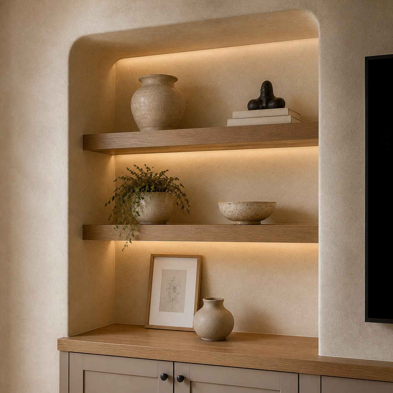 Illuminated display niche with limewash surfaces, rounded corners, oak shelves, and cabinetry below
