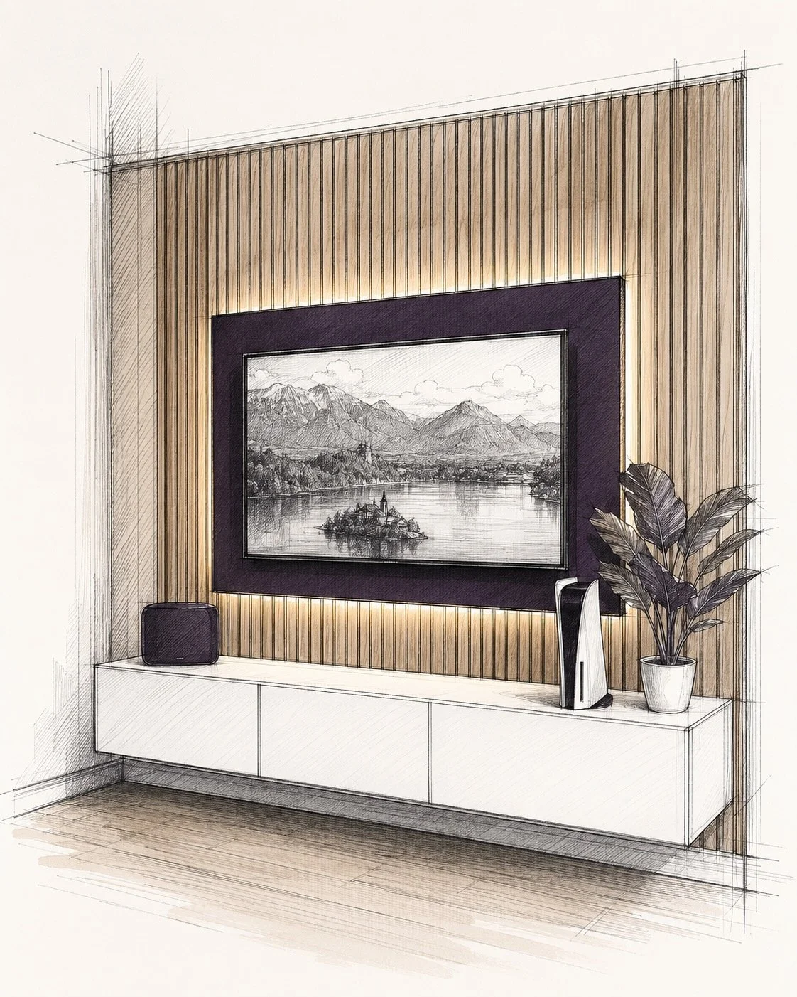 Architectural sketch of an A Series media wall with vertical wood slats, backlit TV panel, and floating white cabinet