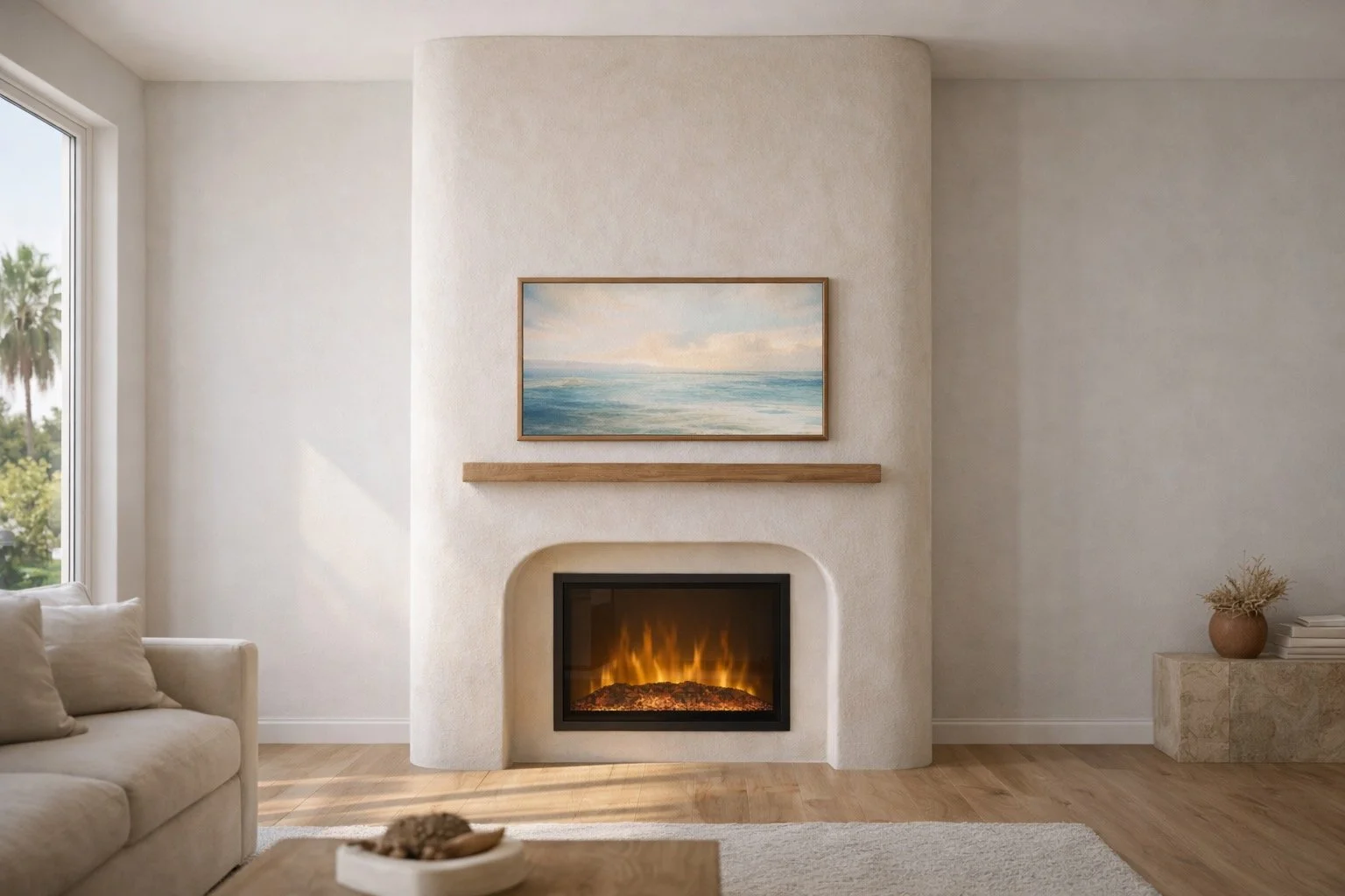 Living room with a white textured fireplace, painting of a seascape above, and a wooden mantel. Beige sofa with pillows on the left, a window with sunlight on the left, and a side table with decorative items on the right.