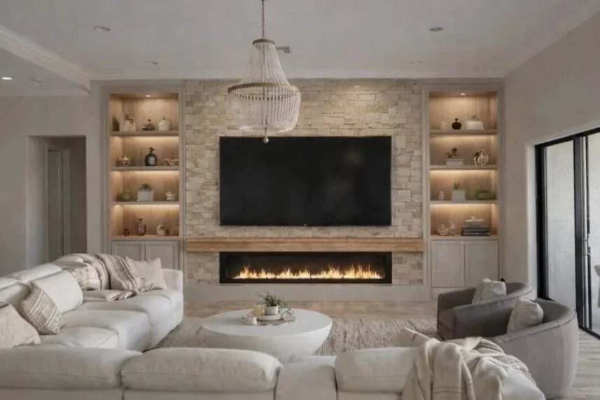 Living room with dark gray panel wall, mounted flat screen TV, fireplace, gray sofa with cream and dark blue pillows, two black armchairs, round coffee table with floral centerpiece, large window with view of trees.