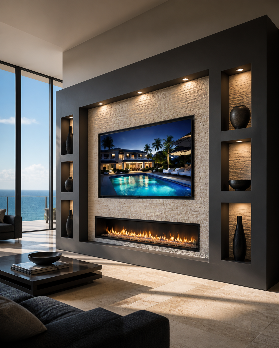 Modern living room with a large wall-mounted TV displaying a luxury house with a pool, surrounded by palm trees, overlooking the ocean. The TV wall has built-in illuminated niches with vases and bowls, a linear fireplace beneath the TV, a glass wall 
