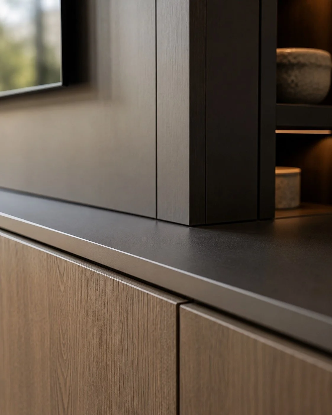 Close-up detail of custom media wall cabinetry showing precise joinery, clean reveals, perfectly aligned panels, and professional finish carpentry craftsmanship.