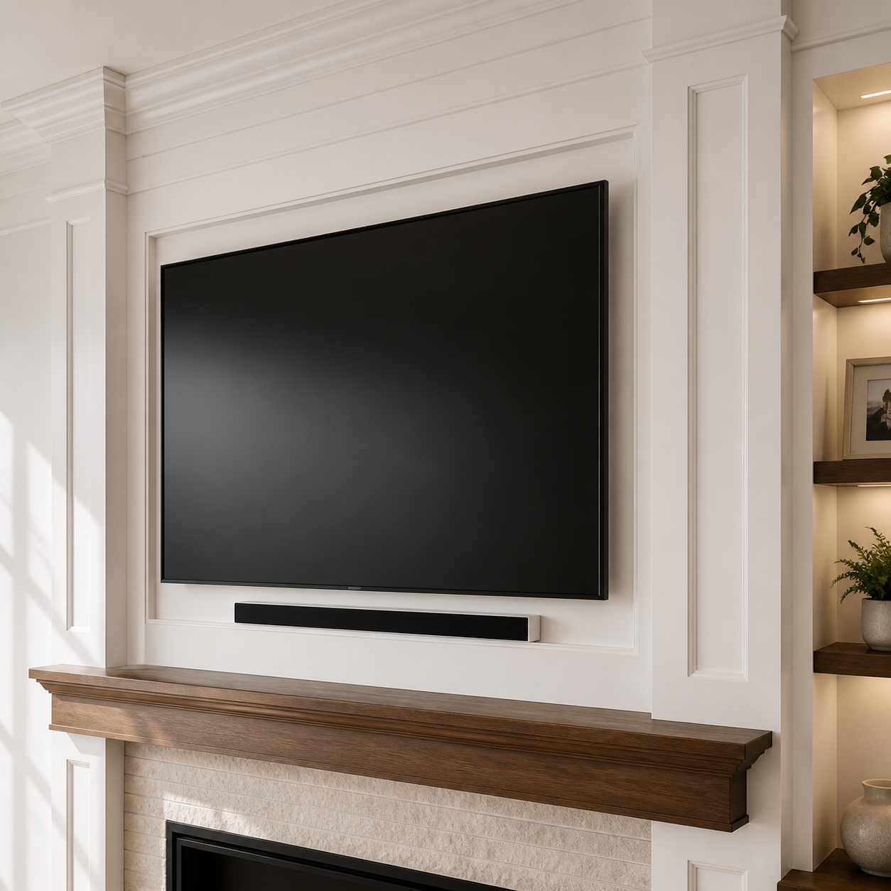 Framed television surround with classic trim detailing in a custom Signature Classic Built-In