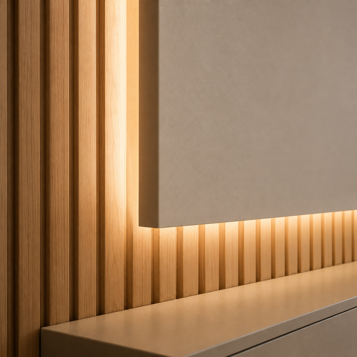 Concealed warm LED backlighting behind a floating TV panel on an oak slat wall