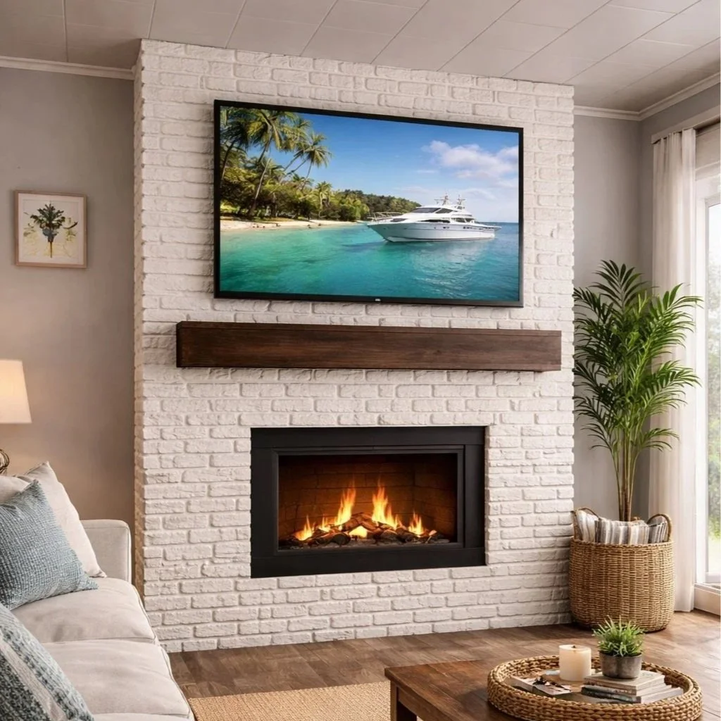 Living room with white brick fireplace, wooden mantel, mounted TV displaying a forest scene, potted plant, black shelf, and wood flooring.