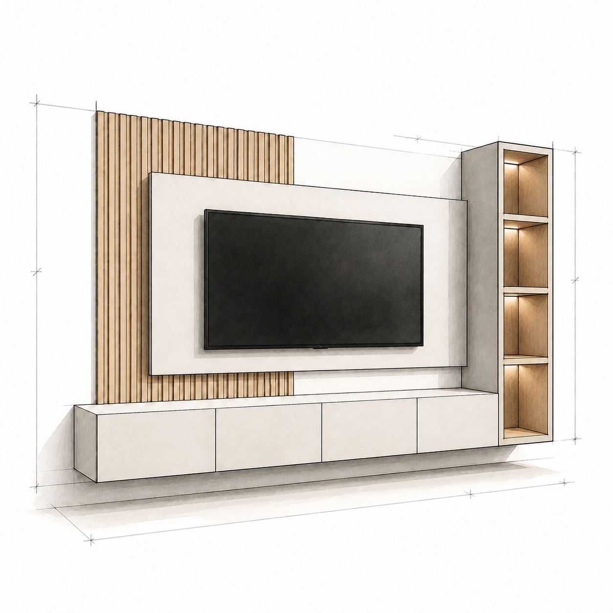 Architectural sketch of a floating media wall with one illuminated open-niche storage tower