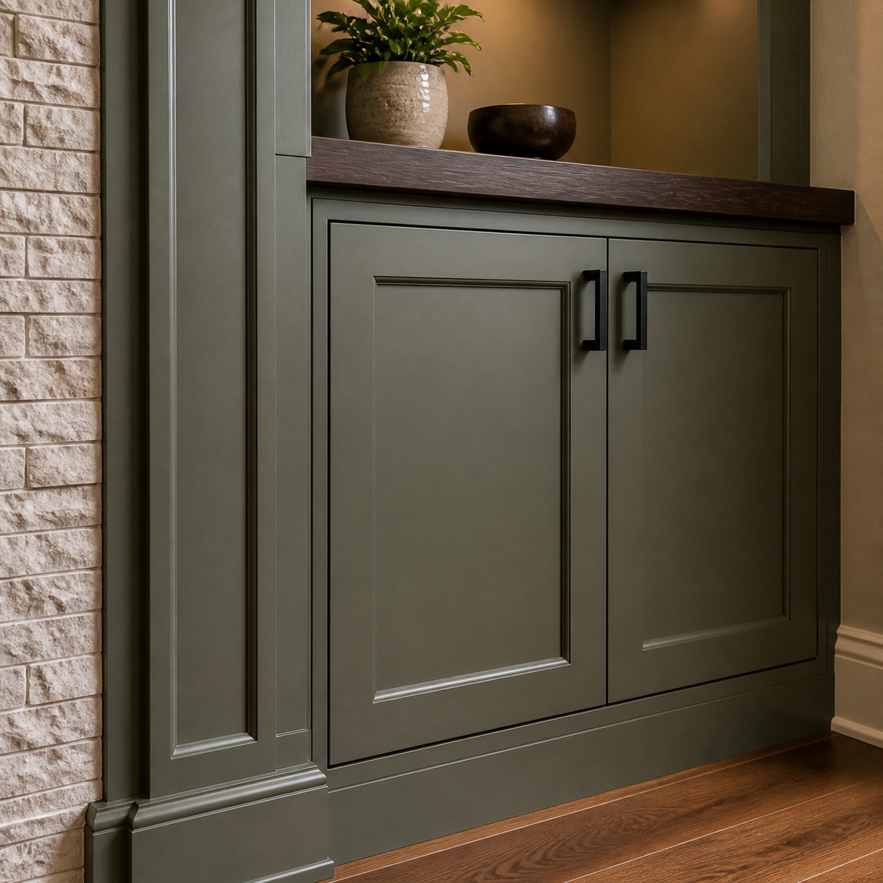 Professionally painted olive-gray built-in cabinets with walnut countertop and black hardware