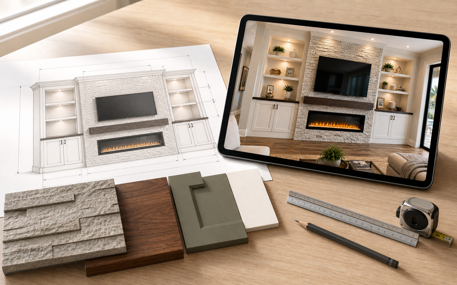 C3-002 architectural drawing, ledger stone, walnut and painted cabinet samples, with the completed built-in displayed on a tablet