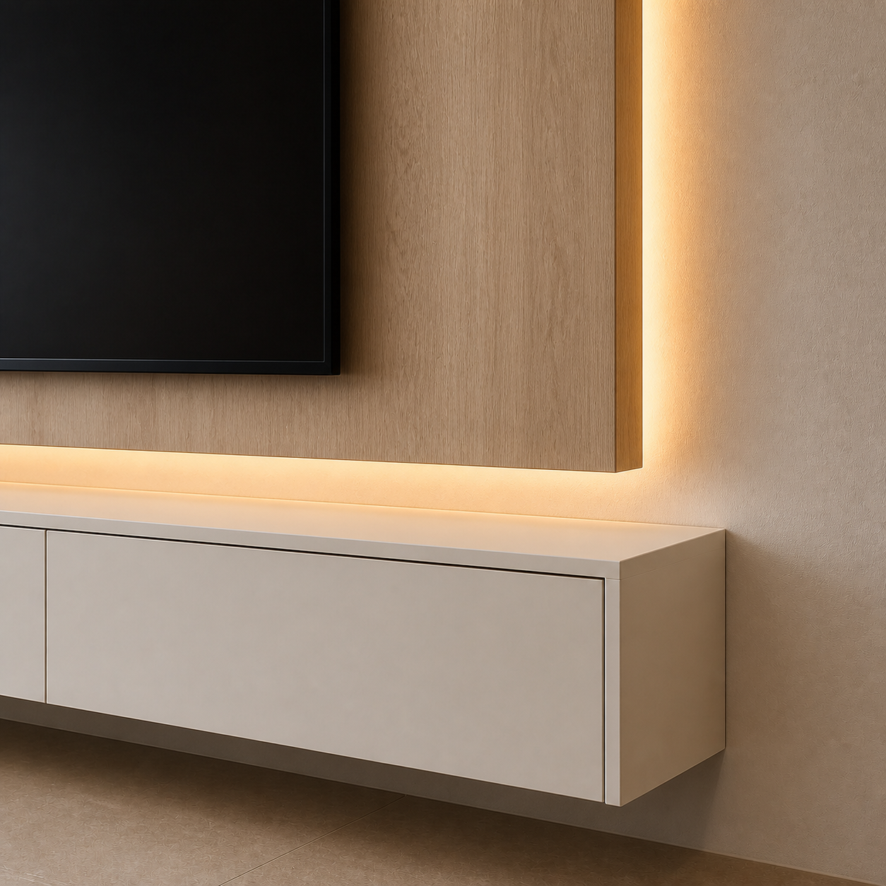 Close-up of a layered floating TV panel with concealed wiring, warm backlighting, and a floating white cabinet
