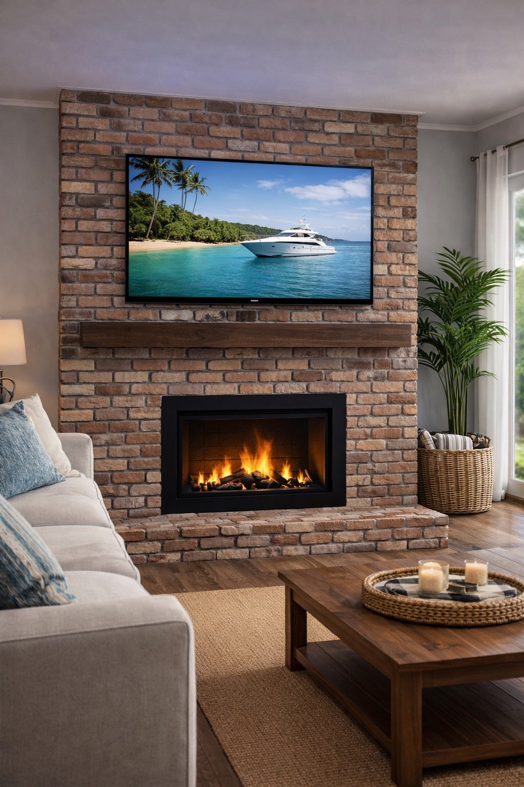 Living room with brick fireplace, wall-mounted TV displaying a yacht scene, beige sofa with pillows, wooden coffee table with candles, and a tall potted plant near sliding glass doors.