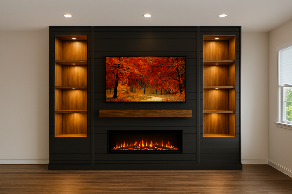 Shiplap Fireplace Media Wall with Niches