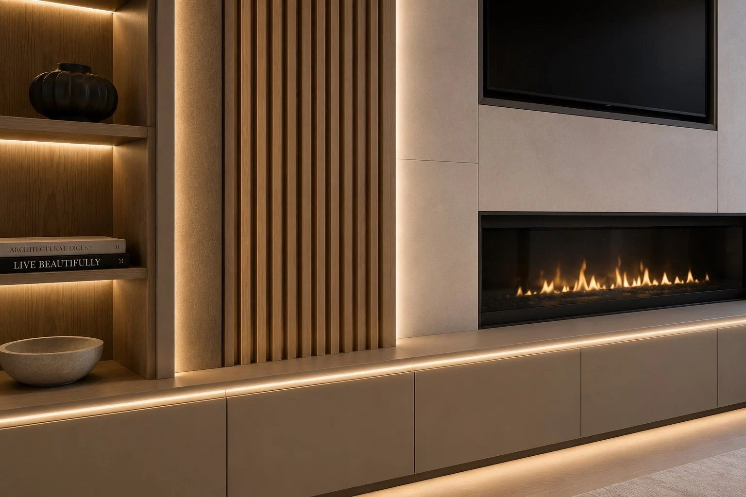 Close-up of precision cabinetry, wood slats, integrated lighting, and clean material transitions in a custom media wall