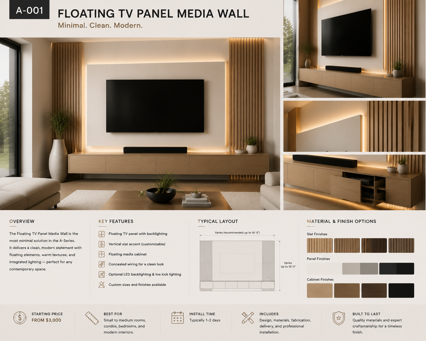A-001 Floating TV Panel media wall with wood slat accents, floating cabinet, concealed wiring, and soft LED backlighting