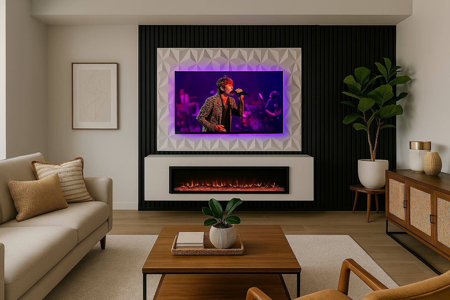 Modern living room with a wall-mounted TV displaying a singer, a fireplace beneath the TV, a beige sofa with pillows, a wooden coffee table with a potted plant, a sideboard with decorative items, and a large plant in a white pot.
