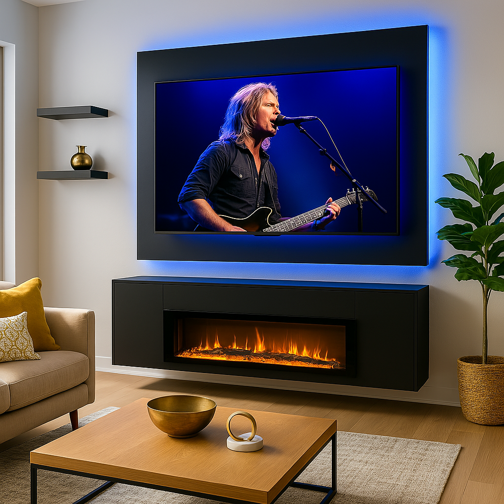 Living room with beige sofa, gold and decorative pillows, wooden coffee table with a bowl and ring sculpture, black entertainment unit with electric fireplace, TV displaying a musician playing guitar and singing into a microphone, potted plant, and a