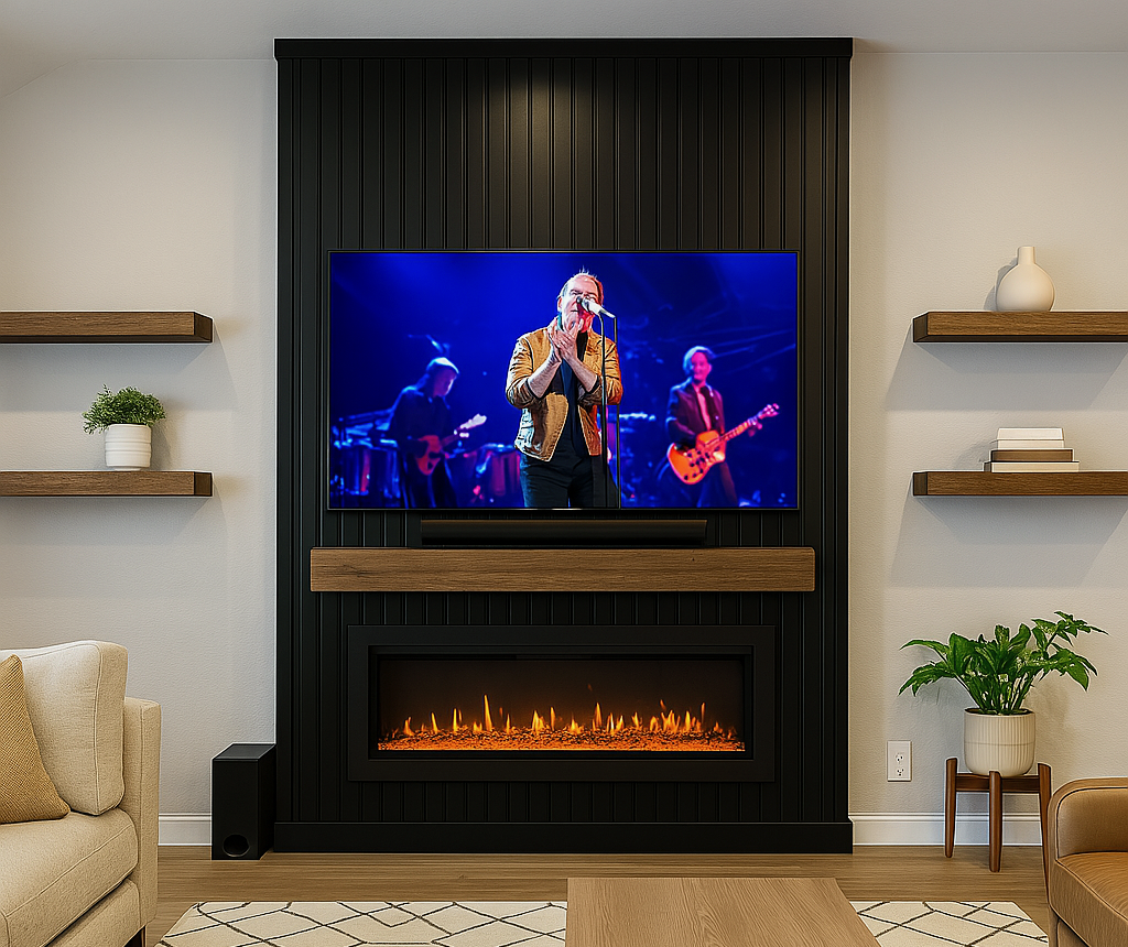 Living room with a wall-mounted TV showing a live musical performance, fireplace below the TV, and decorative shelves with plants and books.