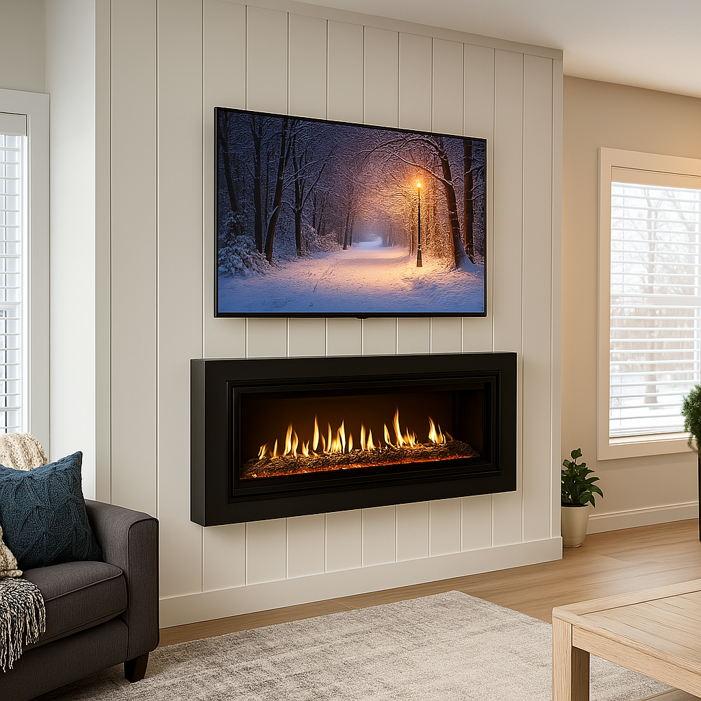 Living room with a wall-mounted television displaying a snowy winter scene and a modern fireplace underneath it, with a gray sofa and windows with white blinds.