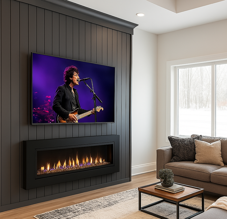 Living room with a wall-mounted TV showing a musician singing and playing guitar, fireplace below TV, beige couch with pillows, side table with plant and books, window showing outdoor scene.