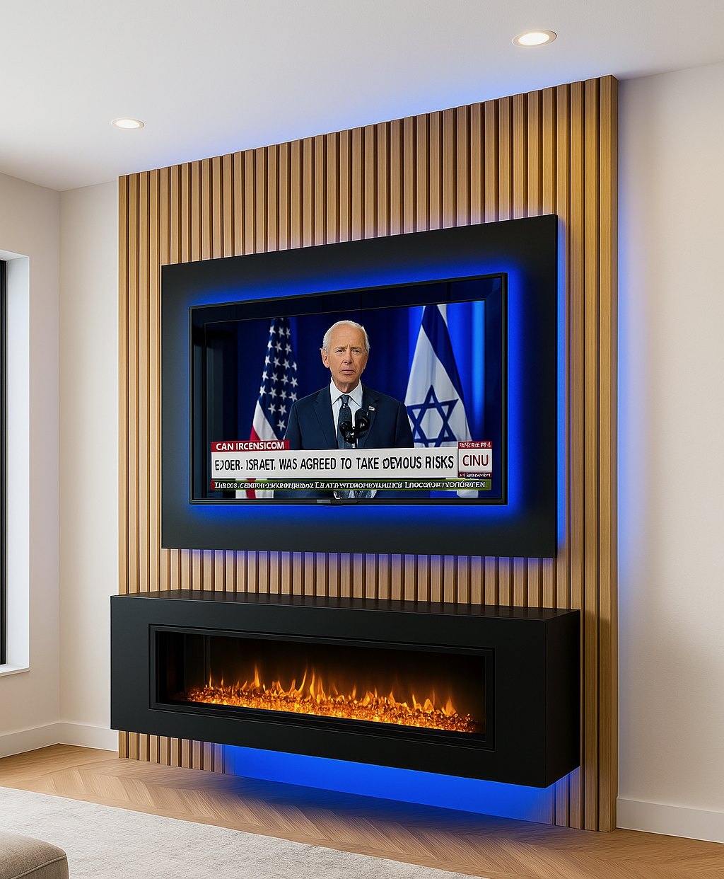Modern living room with a flat-screen TV mounted on a wooden slat wall above an electric fireplace, displaying a news broadcast with a man speaking in front of American and Israeli flags.