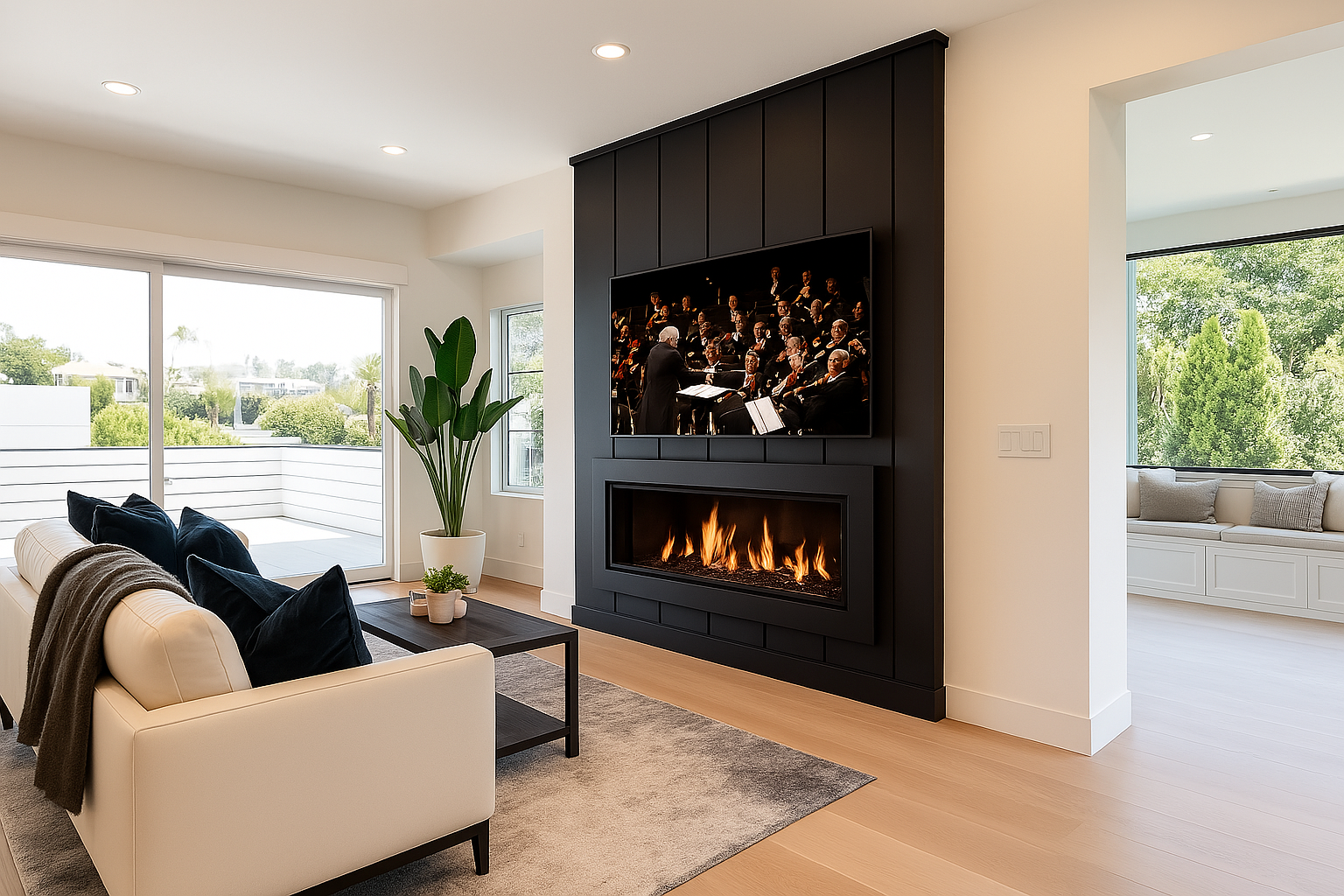 Modern living room with a fireplace, a wall-mounted TV displaying an orchestra, a beige sofa with navy cushions, a potted plant, and large sliding glass doors leading to an outdoor patio.