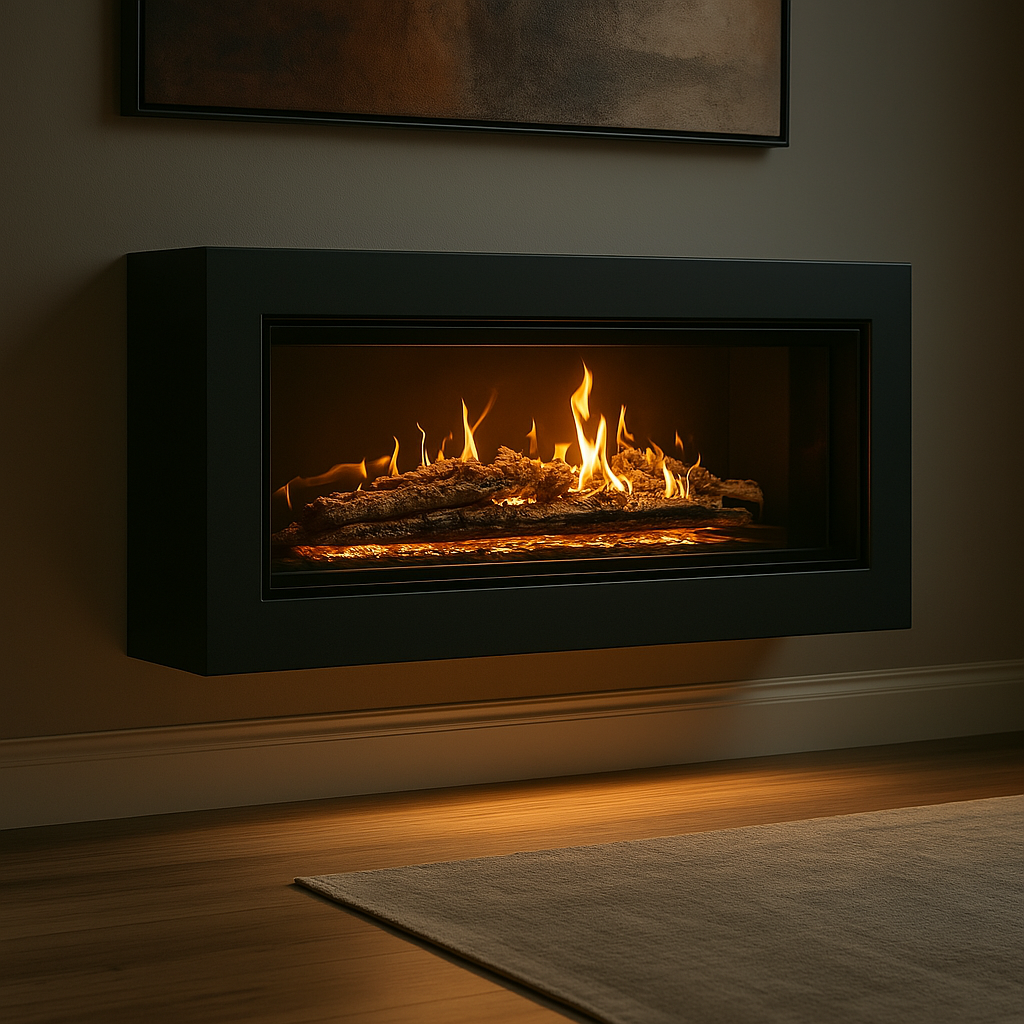 A modern wall-mounted fireplace with a burning log inside, emitting a warm glow in a living room.
