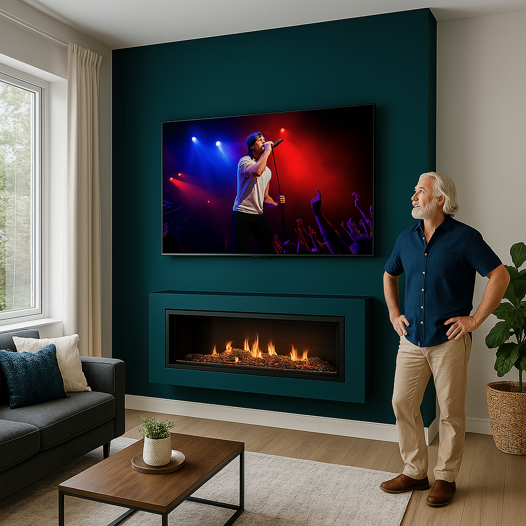 A man stands in a living room looking at a large television screen showing a singer performing on stage with colorful lights. There is a fireplace below the TV, a sofa with pillows, a coffee table with a plant, and a large window with curtains.