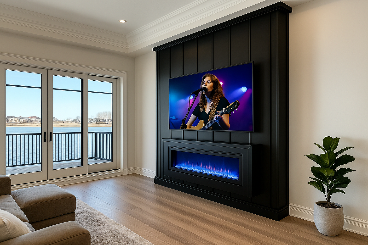 Living room with a view of a lake, sliding glass doors, a beige sofa, a wall-mounted TV showing a woman singing and playing guitar, a modern electric fireplace below the TV, and a potted plant in the corner.