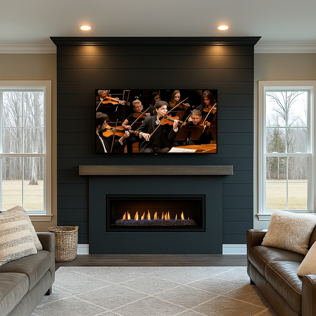 Living room with dark blue wall, fireplace, two windows, two sofas, a woven basket, and a TV showing an orchestra playing violins.