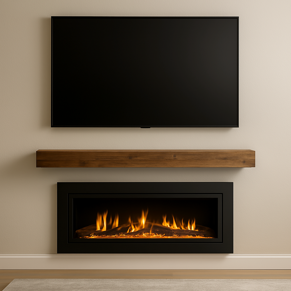 Flat-screen TV mounted above a wooden mantel and a modern electric fireplace with flames in a living room.