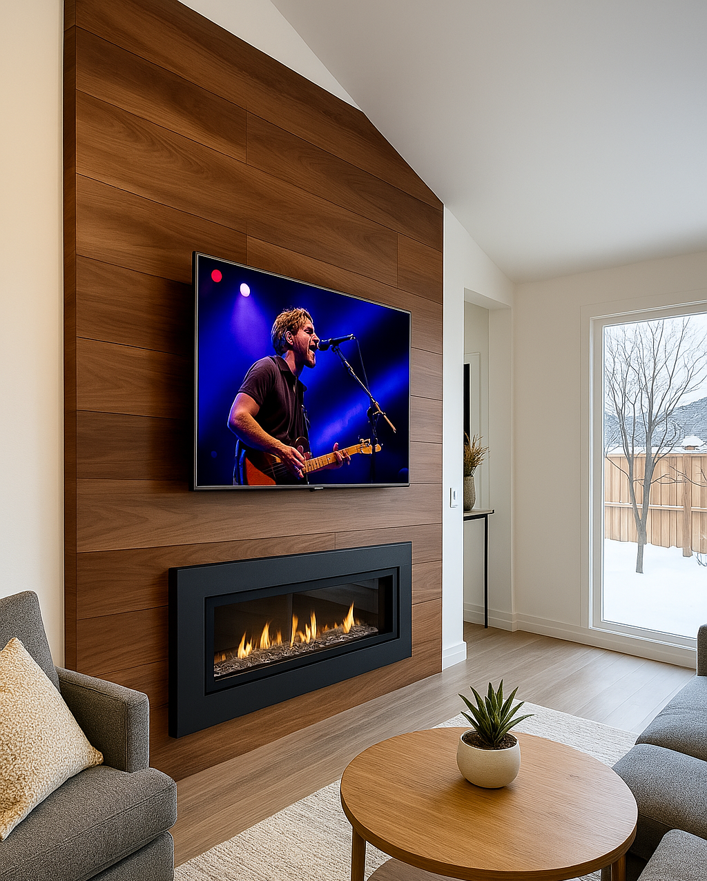Living room with a wall-mounted TV displaying a musician performing with a microphone and guitar, a modern fireplace below the TV, and a large window showing a snowy outdoor scene.