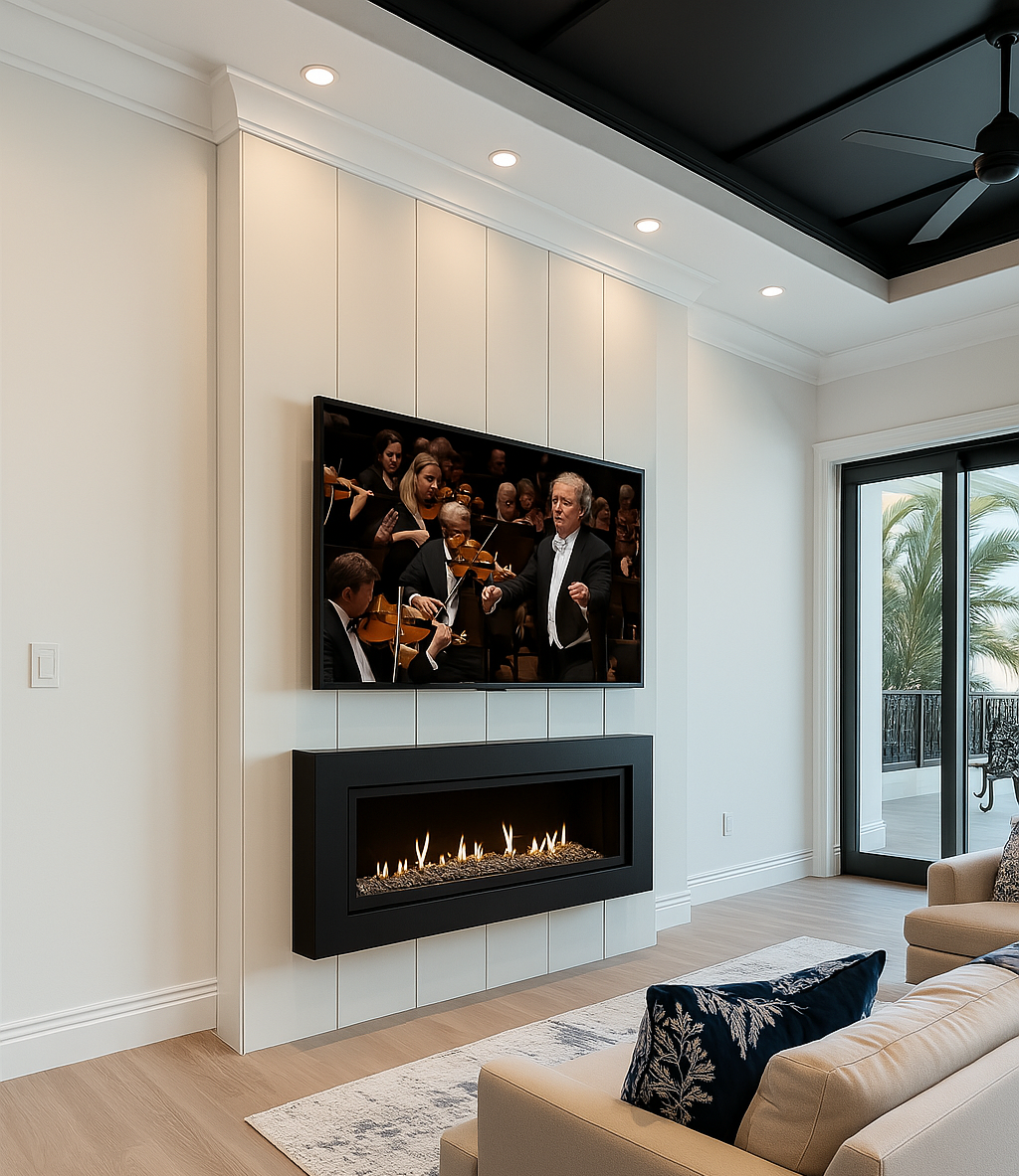 Living room with a wall-mounted TV showing a symphony conductor and musicians, above a modern fireplace, with a sliding glass door leading to a balcony, and a beige sofa with a decorative pillow.