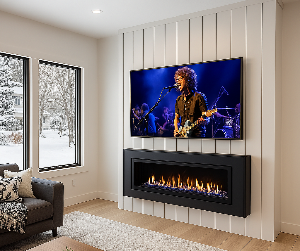 Living room with a TV displaying a musician playing guitar and singing on stage, and a modern electric fireplace below the TV, with a window showing a snowy outdoor scene.