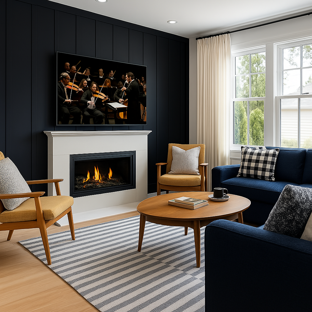 Living room with a fireplace and a wall-mounted TV showing an orchestra, beige and blue furniture, a wooden coffee table with a book and cup, large windows with white curtains, and a striped area rug.