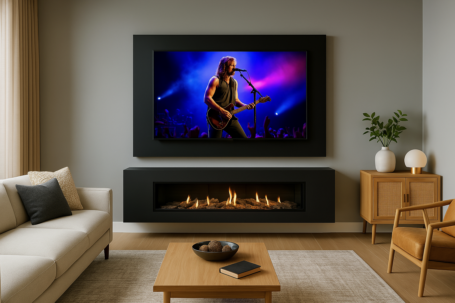 Living room with modern fireplace, flat-screen TV showing a musician performing with a guitar, beige sofa with pillows, wooden coffee table with a book and decorative bowl, and a wooden sideboard with a potted plant and lamps.