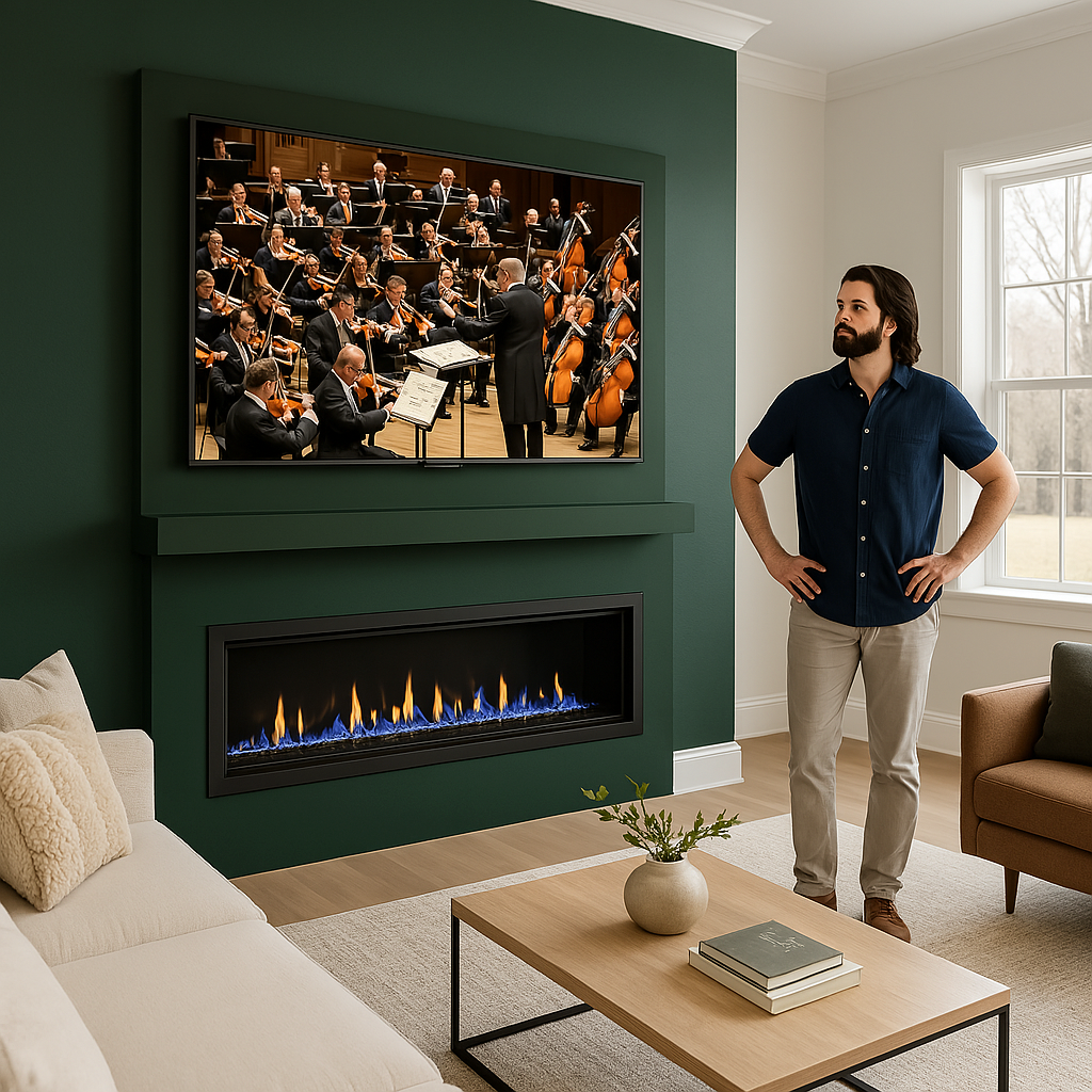 Man watching a large screen showing an orchestra performing in a living room with modern decor and a fireplace.