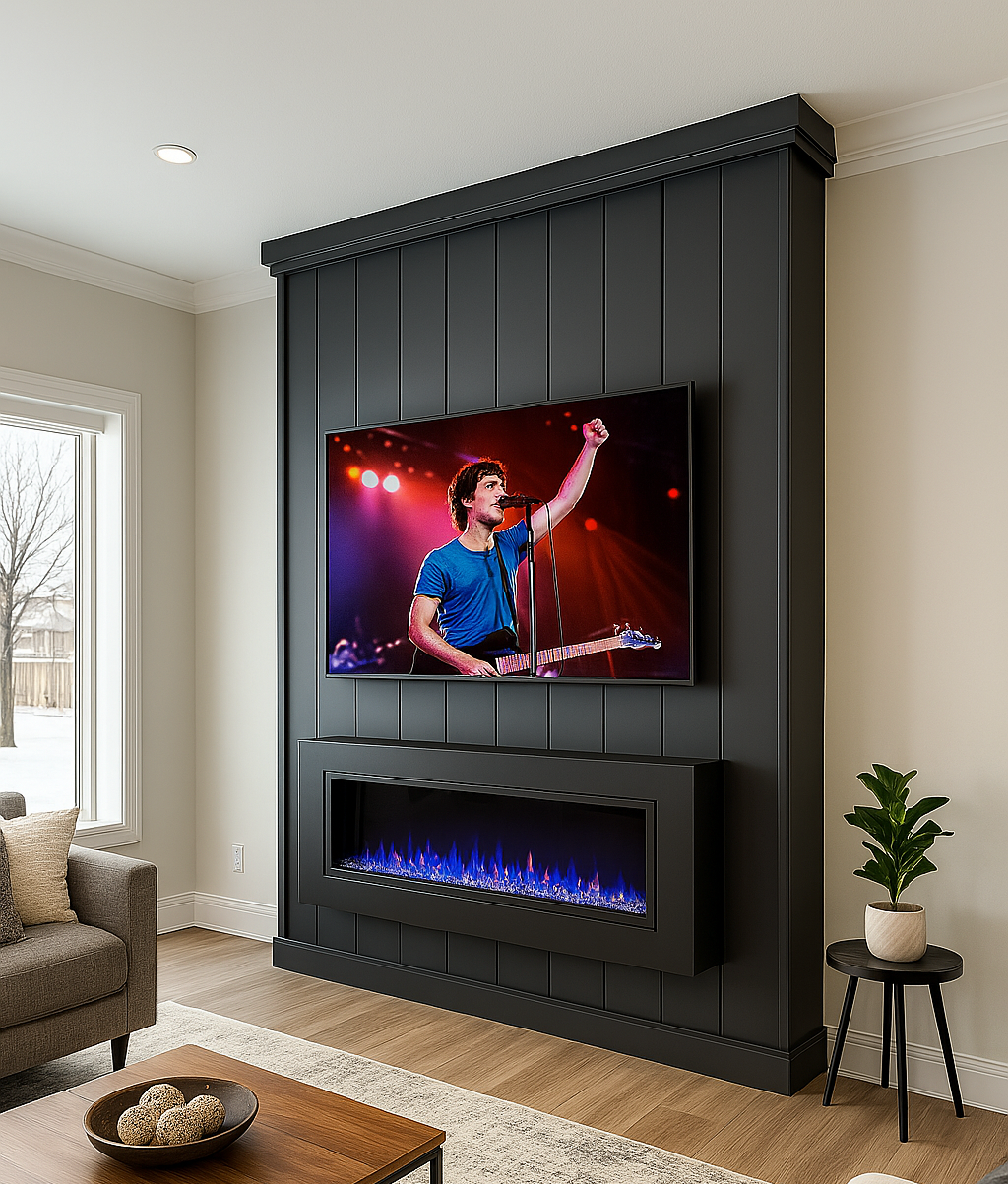 Living room with a mounted flat-screen TV showing a singer with a guitar and raised fist, above a modern fireplace, next to a window, with a side table holding a potted plant and a coffee table with decorative objects.