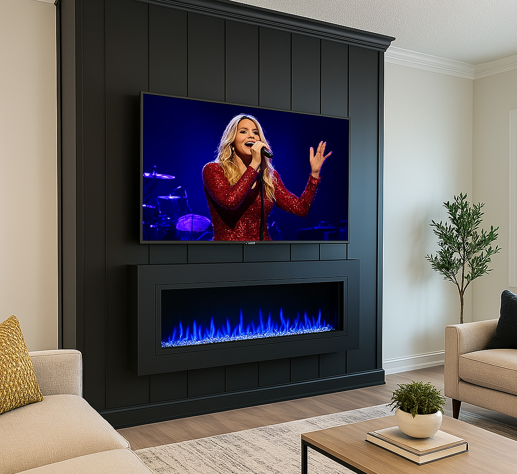 Living room with a black wall featuring a mounted TV showing a woman singing with a microphone, and a modern electric fireplace below the TV. There is a beige couch with a yellow pillow, a wooden coffee table with a potted plant and books, a side bei