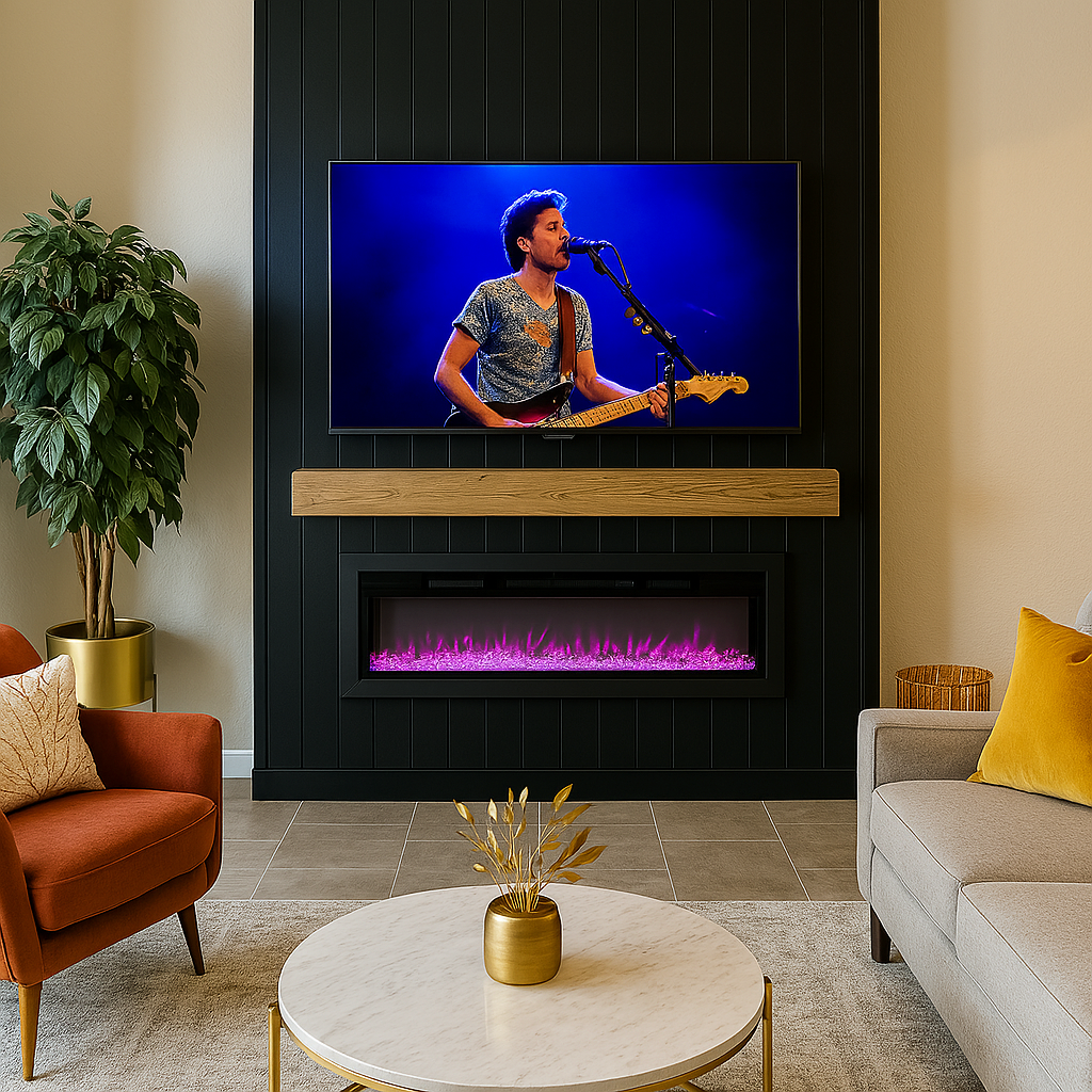 Living room with a TV showing a male musician playing guitar and singing into a microphone, fireplace with pink flames, beige and orange sofas, a round coffee table with a gold vase and decorative plant, and a large potted plant.