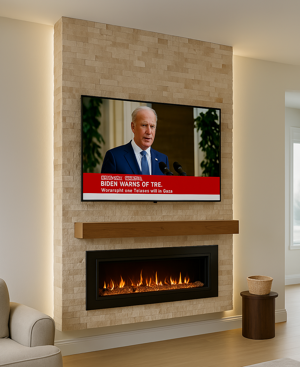 Living room fireplace with a mounted flat-screen TV above it showing a news broadcast of Biden speaking at a podium. The fireplace has a black frame with artificial flames and a wooden mantel. There is a small round wooden table and a woven basket to