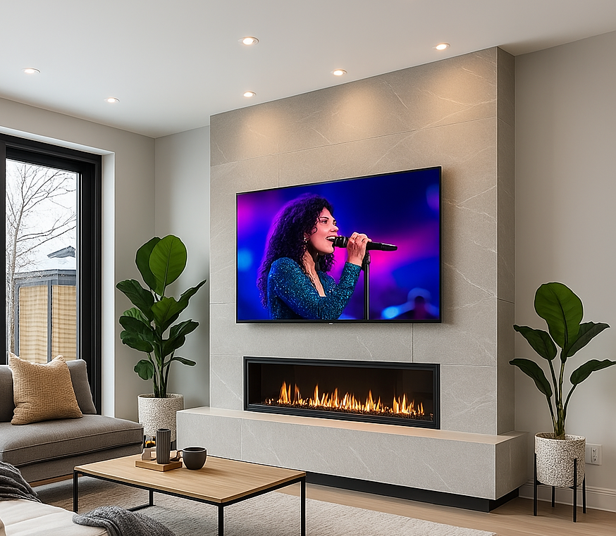 Living room with a wall-mounted TV displaying a woman singing into a microphone, modern fireplace underneath, two large potted plants on either side, and a window to the outside with a view of a backyard.