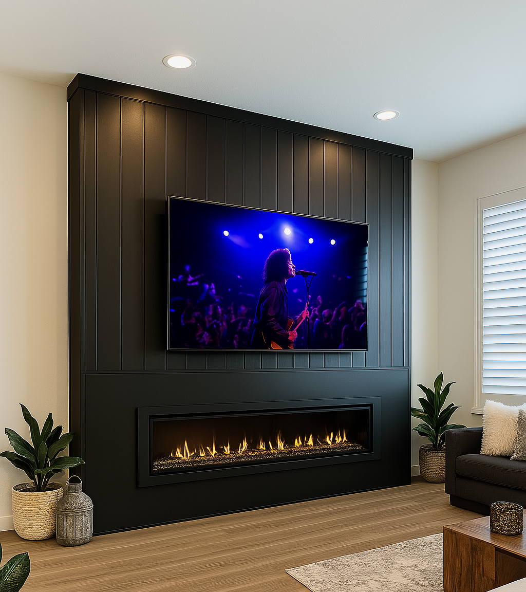 Living room with a mounted flat-screen TV displaying a concert, a modern fireplace below, and potted plants on either side.