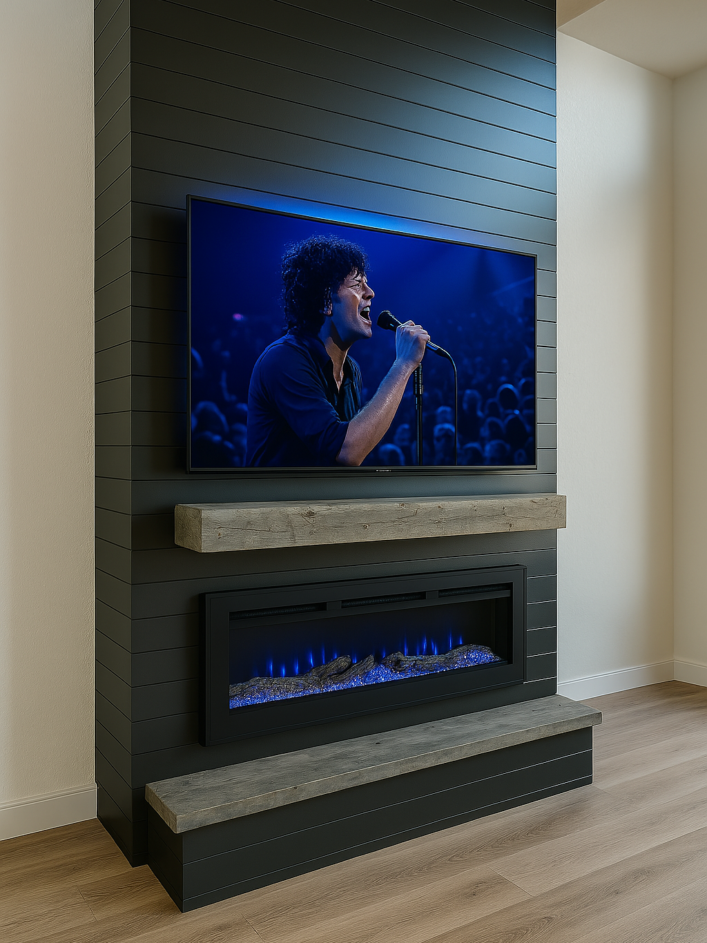 Living room wall with a flat-screen TV displaying a singer performing with a microphone, mounted above a modern electric fireplace with a wooden mantel.