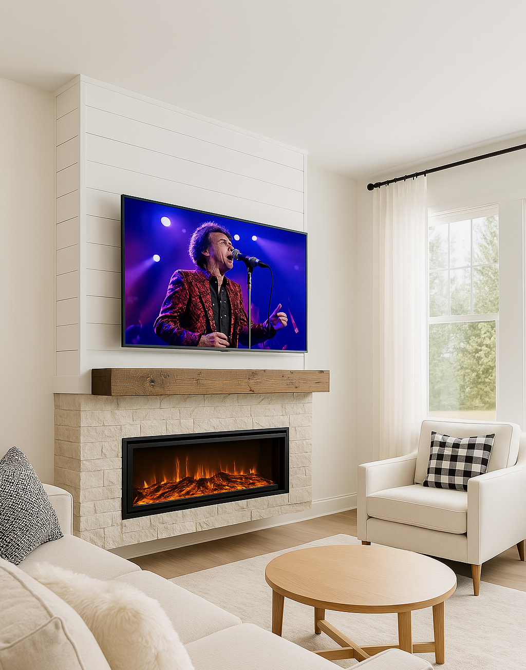 Living room with a wall-mounted TV displaying a man singing into a microphone, fireplace below, beige couch with pillows, white armchair, round wooden coffee table, window with curtains