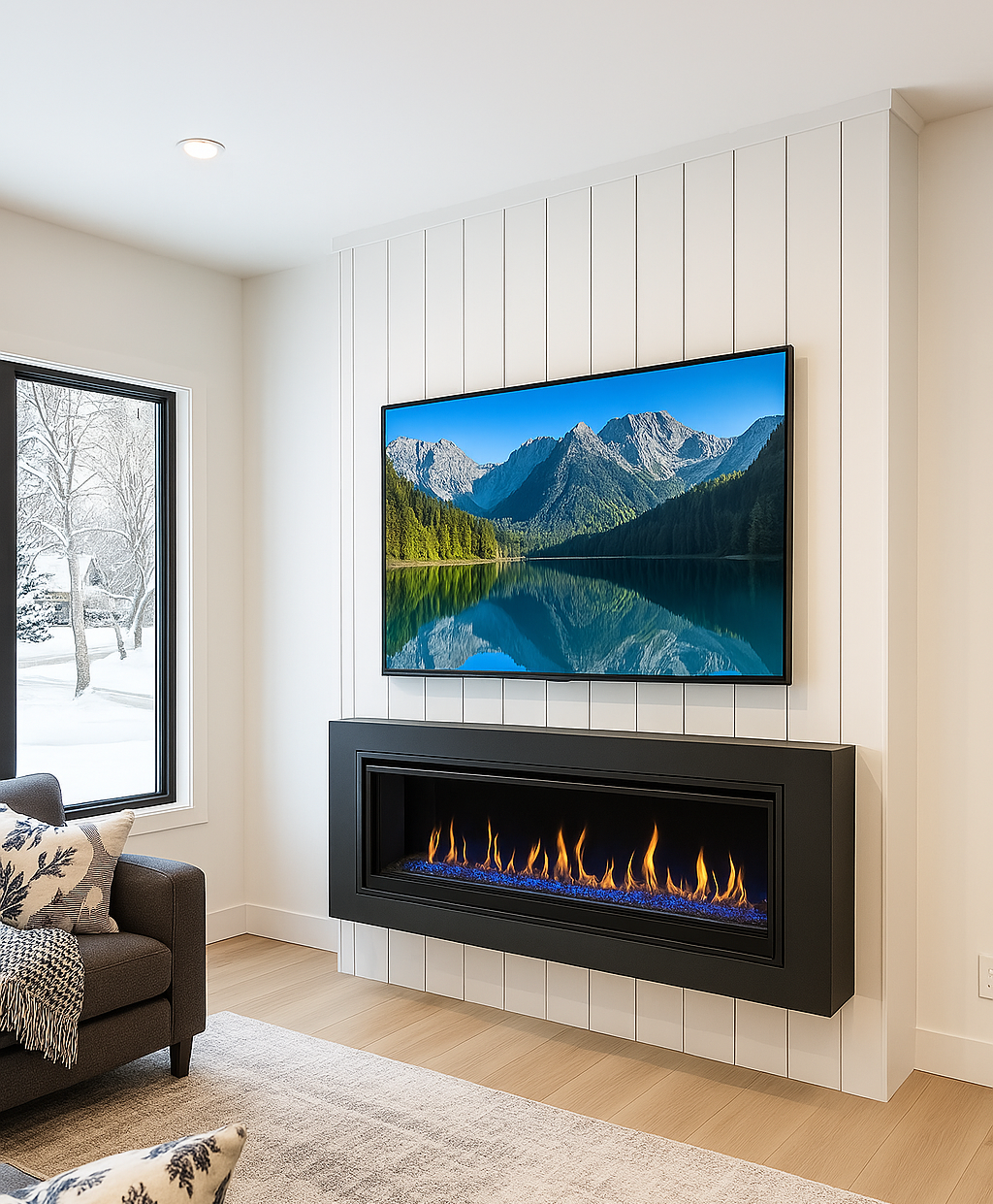 Living room with a large flat-screen TV displaying a mountain and lake landscape, a modern fireplace below the TV, a window showing snow-covered trees outside, and a sofa with patterned pillows.